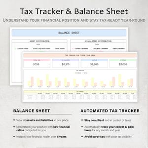 May include: A digital tax tracker and balance sheet with the title "Tax Tracker & Balance Sheet". The document includes sections for asset and liability distribution, tax overview, and a tax tracker for the fiscal year 2026.