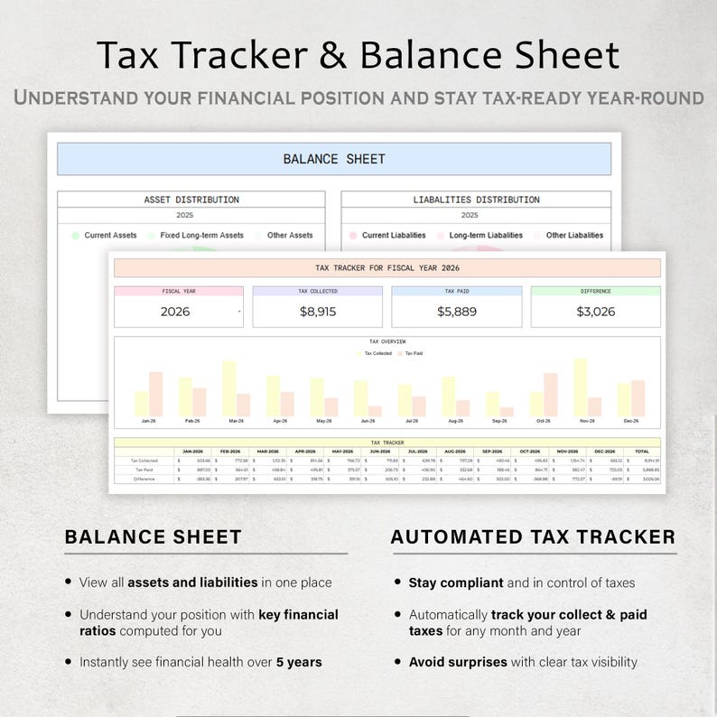 May include: A digital tax tracker and balance sheet with the title "Tax Tracker & Balance Sheet". The document includes sections for asset and liability distribution, tax overview, and a tax tracker for the fiscal year 2026.
