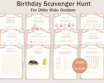 Birthday Scavenger Hunt for Older Kids Birthday Treasure Hunt Clues for Teens Pre-teen Outdoor Party Activity Game Puzzle PRINTABLE Instant