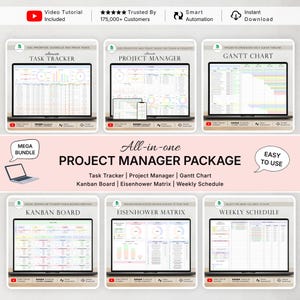 May include: A digital project manager package bundle featuring six distinct spreadsheet templates displayed on laptop screens. The set includes an ultimate task tracker, project manager, Gantt chart, Kanban board, Eisenhower matrix, and a weekly schedule.