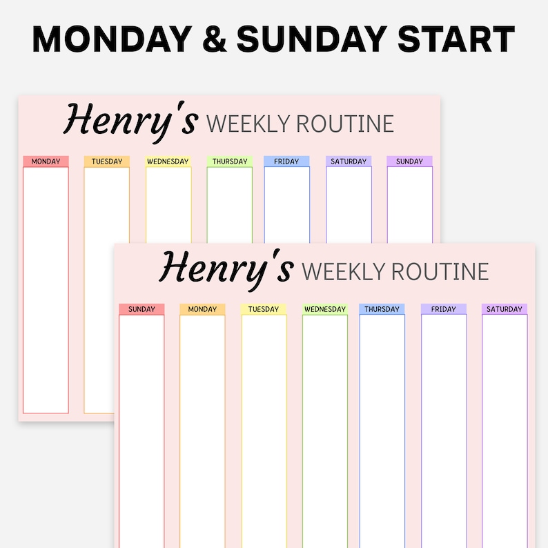 May include: Two printable weekly routine planner templates with the name "Henry's" at the top. The first template has a pink background and starts with Monday. The second template has a pink background and starts with Sunday.