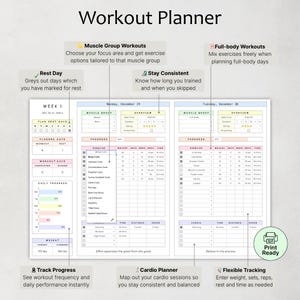 May include: A digital workout planner template featuring sections for muscle group workouts, full-body routines, rest days, and progress tracking. The layout includes tables for exercises, sets, reps, weight, and cardio metrics with a print ready icon.