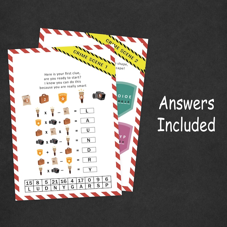 May include: Two printed sheets with a crime scene puzzle. The sheets have a red and white striped border and yellow caution tape. The puzzle includes clues, symbols, and the text "Answers Included."