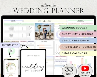 Può includere: Un modello digitale di pianificatore di matrimoni visualizzato su uno schermo di un portatile, con dashboard, liste di controllo, budget e una foto di una coppia. Include una vista per cellulare e un tablet con una copertina di raccoglitore.