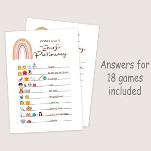 May include: A printable Disney movie emoji game. The game features a rainbow background with 12 emojis representing different Disney movies. The movies listed are Frozen, Beauty and the Beast, Cinderella, Coco, Toy Story, Sleeping Beauty, Lion King, Finding Nemo, The Little Mermaid, and Dumbo.