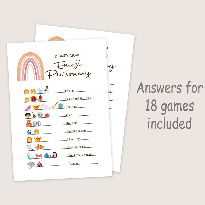 May include: A printable Disney movie emoji game. The game features a rainbow background with 12 emojis representing different Disney movies. The movies listed are Frozen, Beauty and the Beast, Cinderella, Coco, Toy Story, Sleeping Beauty, Lion King, Finding Nemo, The Little Mermaid, and Dumbo.