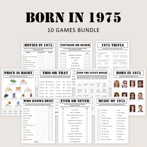 50th Birthday Games Bundle 50th Birthday Party Games 1975 Trivia Born in 1975 50 Year Old Men Women Him Her Quiz PRINTABLE Instant Digital