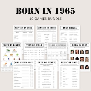 60th Birthday Games Bundle 60th Birthday Party Games 1965 Trivia Born in 1965 60 Year Old Men Women Him Her Quiz PRINTABLE Instant Digital
