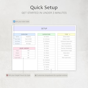 Peut inclure: Document num&eacute;rique &laquo;&nbsp;Quick Setup&nbsp;&raquo; sur fond clair. Il comprend des sections pour l'aper&ccedil;u, le superviseur et le type, avec des champs de saisie de donn&eacute;es. Le texte invite les utilisateurs &agrave; d&eacute;marrer en moins de 3 minutes.