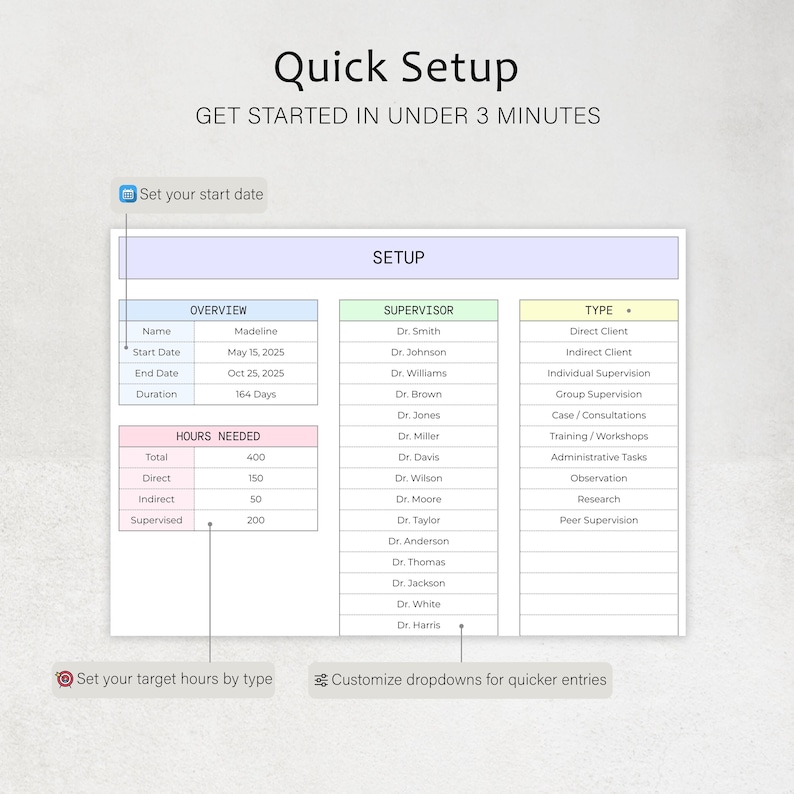 Peut inclure: Document num&eacute;rique &laquo;&nbsp;Quick Setup&nbsp;&raquo; sur fond clair. Il comprend des sections pour l'aper&ccedil;u, le superviseur et le type, avec des champs de saisie de donn&eacute;es. Le texte invite les utilisateurs &agrave; d&eacute;marrer en moins de 3 minutes.