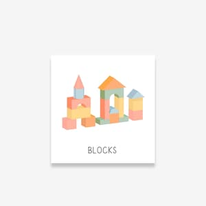 Pu&ograve; includere: Una collezione di blocchi di legno dai colori pastello disposti per assomigliare a delle strutture. I blocchi sono in tonalit&agrave; di rosa, giallo, arancione, blu e verde. La parola "BLOCKS" &egrave; stampata in nero in basso nell'immagine.