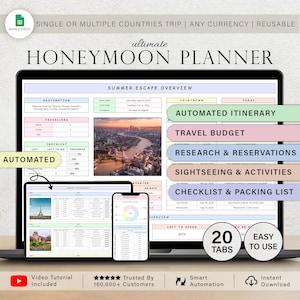 Op de afbeelding: Een digitale huwelijksreisplanner-sjabloon voor Google Sheets, weergegeven op een laptopscherm, tablet en smartphone. De interface bevat secties voor reisroutes, budgetten, checklists en paklijsten met geautomatiseerde trackingtools.