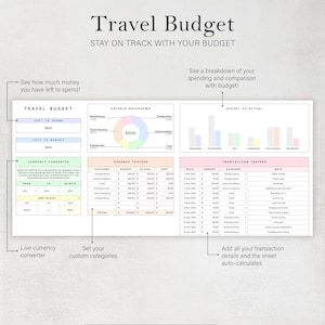 May include: A printable travel budget worksheet with sections for tracking spending, currency conversion, and expense breakdown. The worksheet features a pastel color scheme with pink, blue, and green accents.
