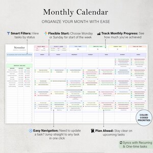 May include: A digital monthly calendar with the title "Monthly Calendar" and the text "Organize Your Month With Ease." Features include smart filters, flexible start dates, and progress tracking. The calendar is color-coded and has easy navigation.