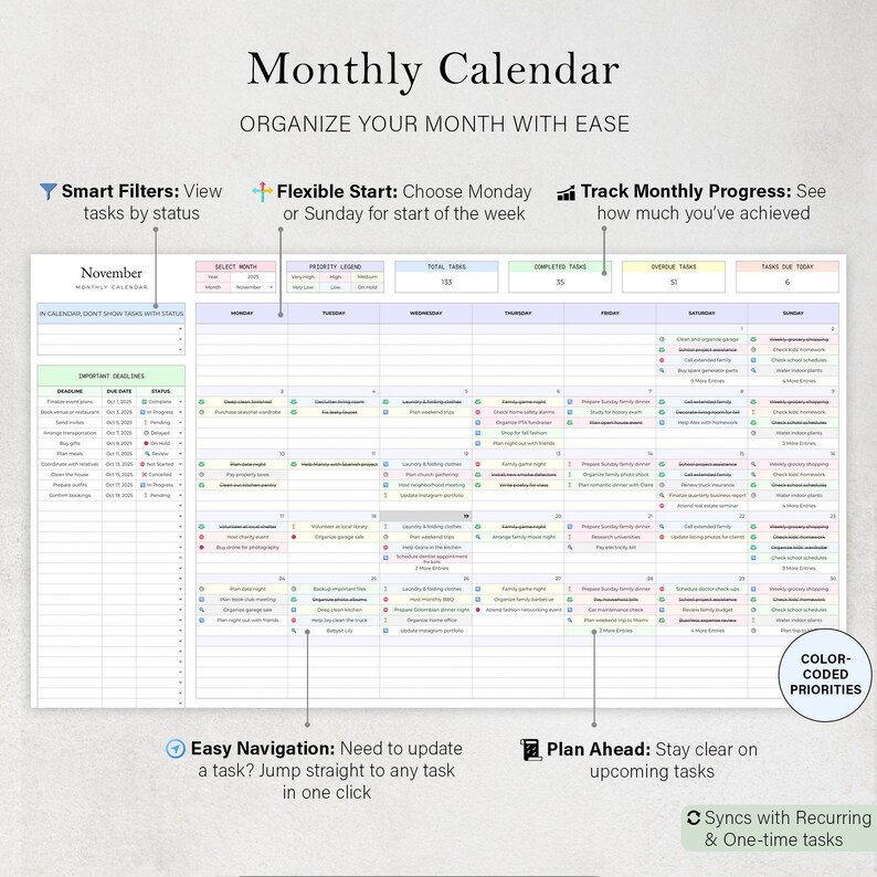 May include: A digital monthly calendar with the title "Monthly Calendar" and the text "Organize Your Month With Ease." Features include smart filters, flexible start dates, and progress tracking. The calendar is color-coded and has easy navigation.