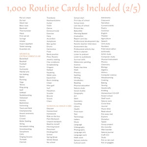 May include: A list of 1,000 routine cards included in a set of educational flash cards. The cards cover a wide range of topics, including school subjects, extracurricular activities, sports, and childcare.