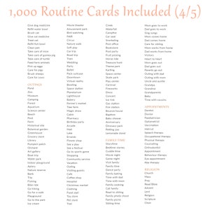 May include: A list of 1,000 routine cards divided into categories: Outings, Family Time, Appointments, and Religion. The cards include activities such as going to the zoo, playing games, visiting family, and attending church.
