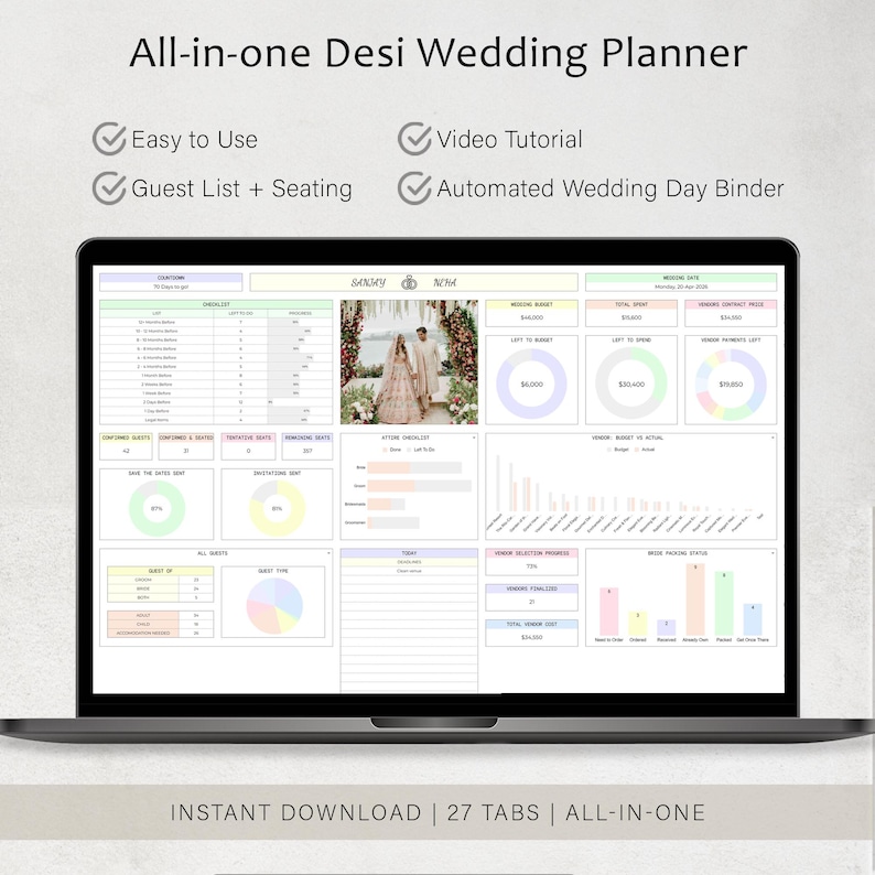 May include: A laptop screen displaying a digital wedding planner with various charts and graphs. The planner includes sections for checklists, guest lists, and budget tracking. Text at the top reads "All-in-one Desi Wedding Planner". The bottom of the screen says "Instant Download | 27 Tabs | All-in-one".