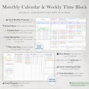Puede incluir: Una plantilla digital de calendario mensual y bloque de tiempo semanal. La plantilla incluye secciones para el seguimiento del progreso, filtros inteligentes y prioridades codificadas por colores. El texto de la imagen dice: "Organiza tu mes y semana con facilidad."