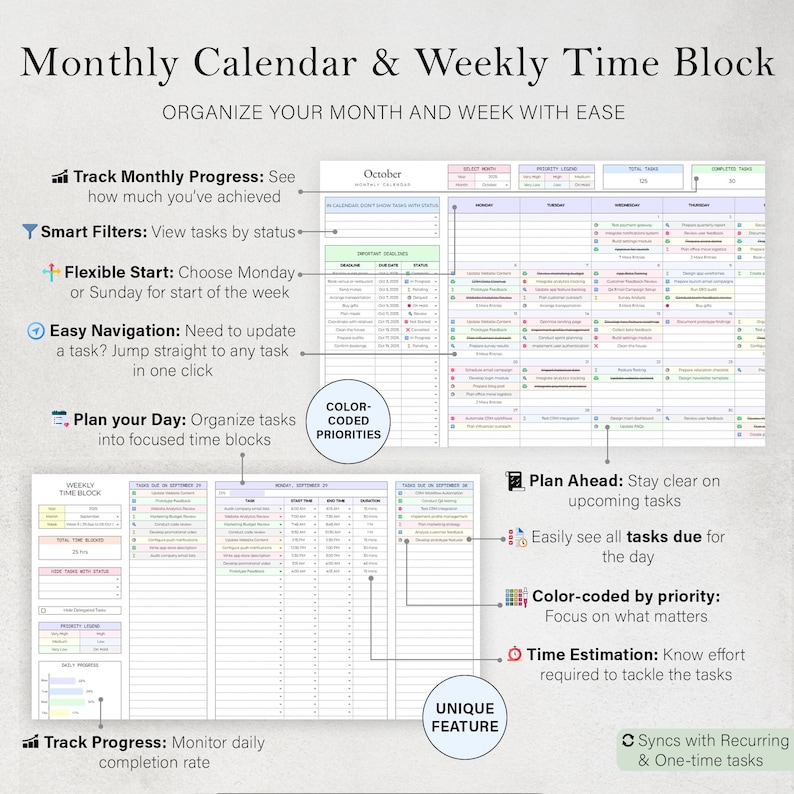 Puede incluir: Una plantilla digital de calendario mensual y bloque de tiempo semanal. La plantilla incluye secciones para el seguimiento del progreso, filtros inteligentes y prioridades codificadas por colores. El texto de la imagen dice: "Organiza tu mes y semana con facilidad."