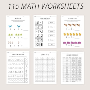 Pu&ograve; includere: Un set di 115 fogli di lavoro di matematica stampabili per bambini. I fogli di lavoro includono attivit&agrave; di addizione, sottrazione, conteggio e riferimento numerico. I fogli di lavoro presentano illustrazioni colorate di uccelli, rane, pulcini e fiori.