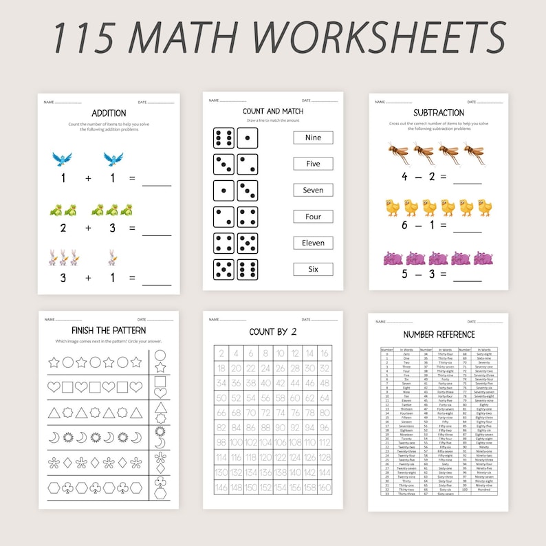 Pu&ograve; includere: Un set di 115 fogli di lavoro di matematica stampabili per bambini. I fogli di lavoro includono attivit&agrave; di addizione, sottrazione, conteggio e riferimento numerico. I fogli di lavoro presentano illustrazioni colorate di uccelli, rane, pulcini e fiori.