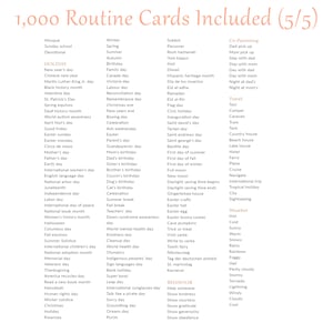 May include: A colourful chart listing 1,000 routine cards included. The chart is divided into categories such as Holiday, Co-Parenting, Travel, Weather, and Behaviour. Each category lists various events, holidays, and activities.