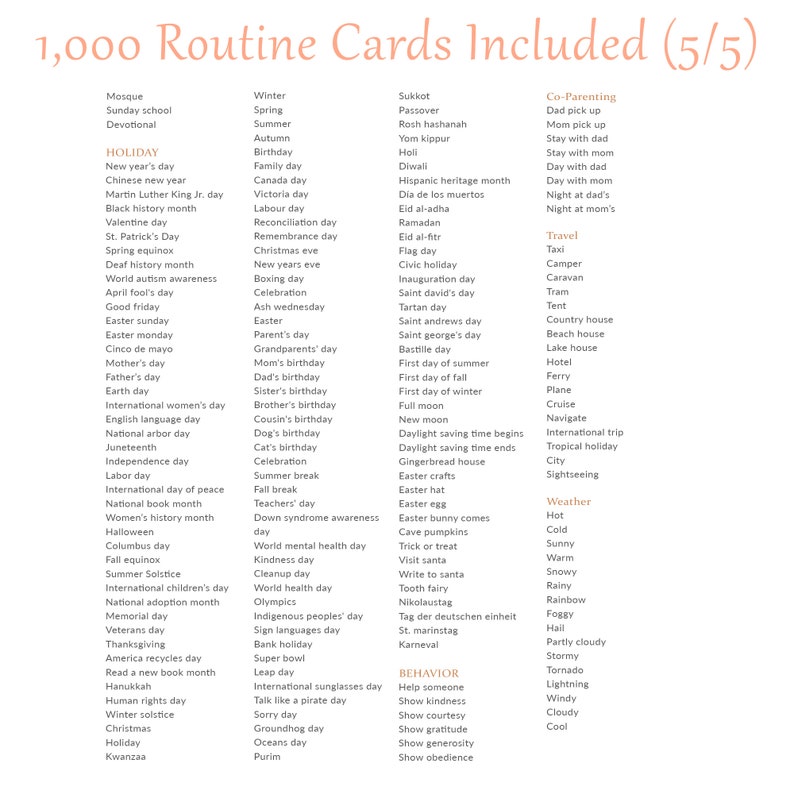 May include: A colourful chart listing 1,000 routine cards included. The chart is divided into categories such as Holiday, Co-Parenting, Travel, Weather, and Behaviour. Each category lists various events, holidays, and activities.