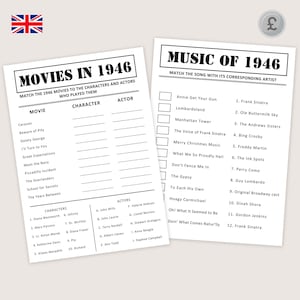 May include: Two white paper sheets with black text. One sheet is titled "MOVIES IN 1946" and lists movies, characters, and actors. The other sheet is titled "MUSIC OF 1946" and lists songs and artists. A British flag is in the top left corner.