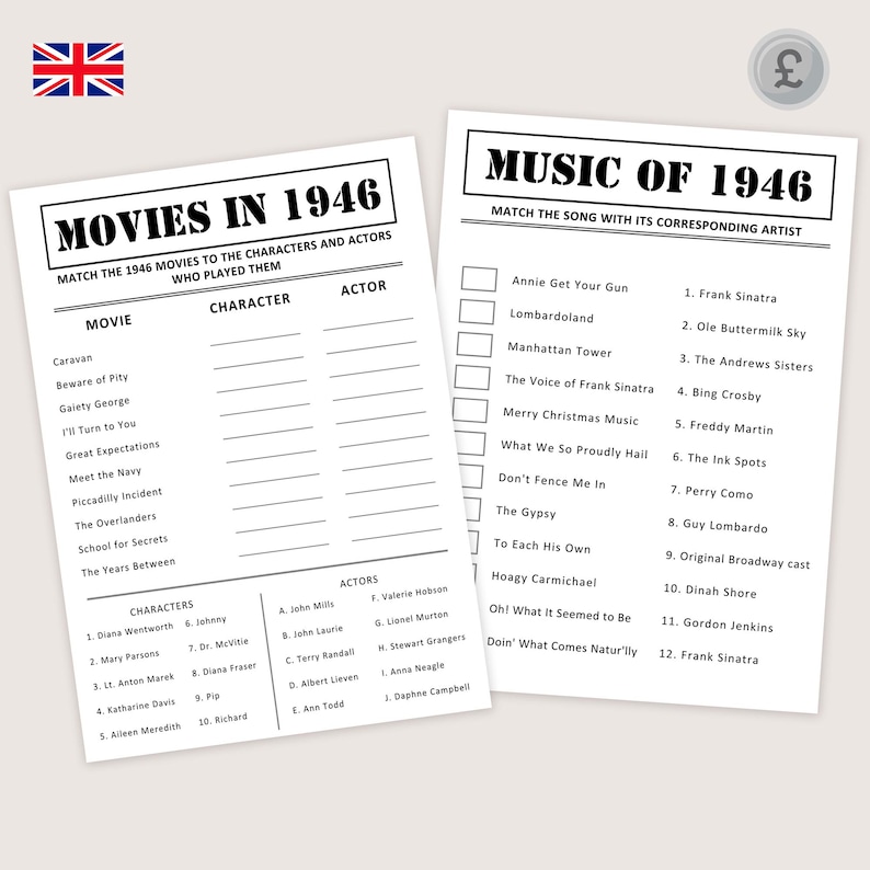 May include: Two white paper sheets with black text. One sheet is titled "MOVIES IN 1946" and lists movies, characters, and actors. The other sheet is titled "MUSIC OF 1946" and lists songs and artists. A British flag is in the top left corner.