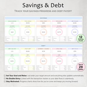 May include: A digital savings and debt tracker with a light blue and white design. The spreadsheet displays savings and debt progress, with sections for goals, totals, and progress charts. Text includes "Savings & Debt" and "Track Your Savings Progress and Debt Payoff."