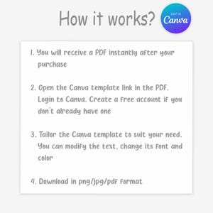 Peut inclure: Comment &ccedil;a marche ? Un fond blanc avec du texte noir expliquant comment utiliser un mod&egrave;le Canva. Le texte dit : 1. Vous recevrez un PDF instantan&eacute;ment apr&egrave;s votre achat. 2. Ouvrez le lien du mod&egrave;le Canva dans le PDF. Connectez-vous &agrave; Canva. Cr&eacute;ez un compte gratuit si vous n'en avez pas d&eacute;j&agrave; un. 3. Adaptez le mod&egrave;le Canva &agrave; vos besoins. Vous pouvez modifier le texte, changer sa police et sa couleur. 4. T&eacute;l&eacute;chargez au format png/jpg/pdf.