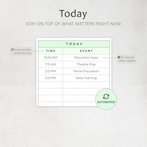 May include: A digital planner titled "Today" with a schedule for the day. The schedule includes times and events such as "Education Expo" and "Sales Training." The planner is automatically sorted by time and requires no manual effort.