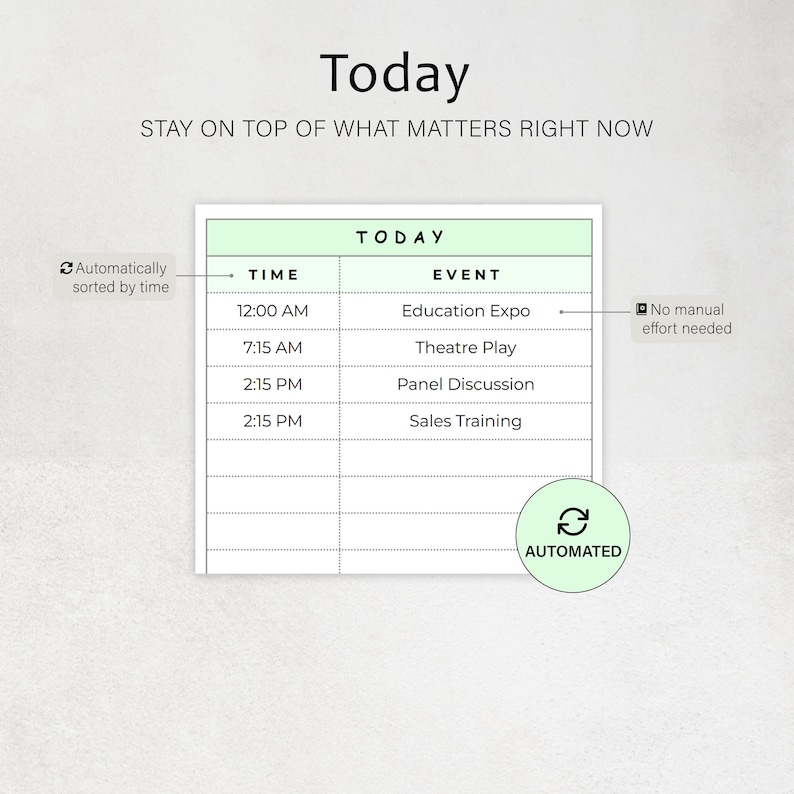May include: A digital planner titled "Today" with a schedule for the day. The schedule includes times and events such as "Education Expo" and "Sales Training." The planner is automatically sorted by time and requires no manual effort.