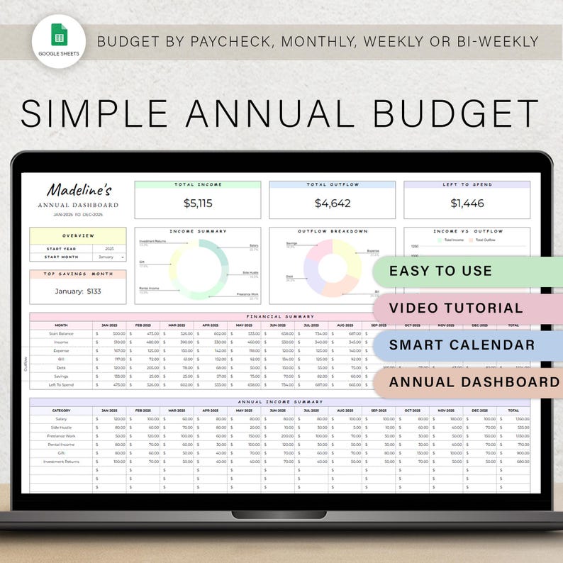 May include: A laptop screen displaying a colorful spreadsheet with the title "Simple Annual Budget". The spreadsheet includes sections for income, expenses, and savings. The spreadsheet is designed to help users track their finances and create a budget.