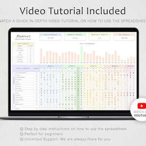 May include: A laptop screen displaying a digital habit tracker spreadsheet titled Madeline's Habit Tracker. The interface features colorful sections for daily, weekly, and monthly habits, a bar chart for daily progress, and a grid for tracking tasks.