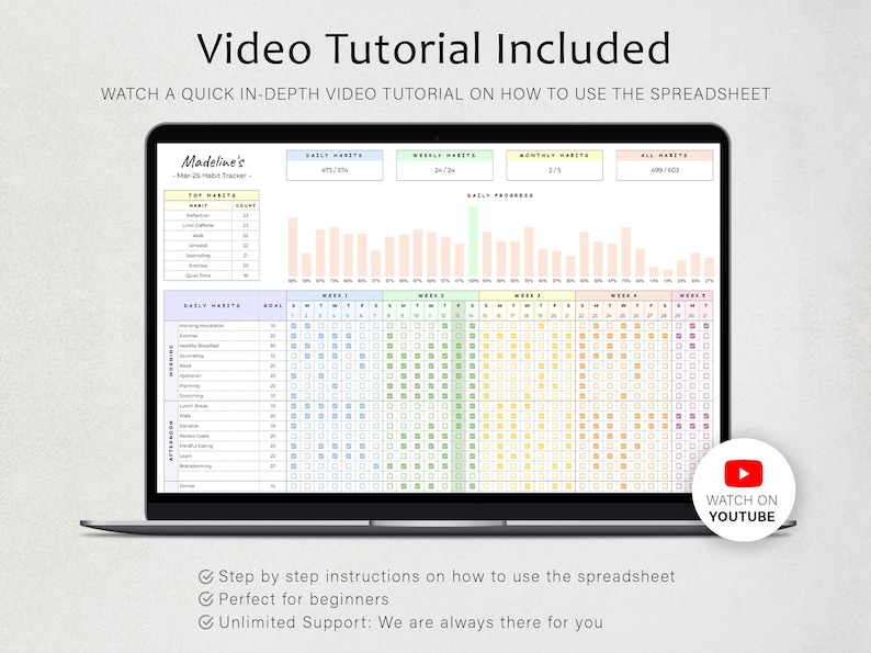 May include: A laptop screen displaying a digital habit tracker spreadsheet titled Madeline's Habit Tracker. The interface features colorful sections for daily, weekly, and monthly habits, a bar chart for daily progress, and a grid for tracking tasks.