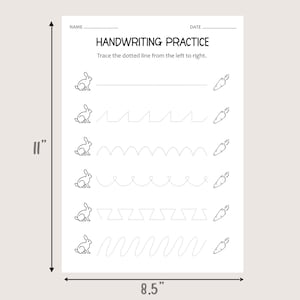 May include: A black and white printable worksheet for handwriting practice. The worksheet features five lines with dotted lines to trace. Each line has a rabbit and a carrot at the ends. The worksheet is 8.5 inches wide and 11 inches tall.