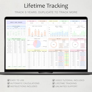 May include: A laptop screen displaying a digital credit card tracker spreadsheet with colorful charts, tables, and financial data. The text reads Lifetime Tracking, Track 5 Years, Duplicate to Track More, Easy to Use, Automatic Calculations, Instructions Included, Video Tutorial Included, and Unlimited Support.