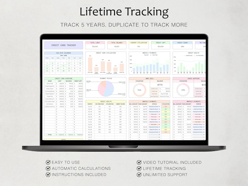 May include: A laptop screen displaying a digital credit card tracker spreadsheet with colorful charts, tables, and financial data. The text reads Lifetime Tracking, Track 5 Years, Duplicate to Track More, Easy to Use, Automatic Calculations, Instructions Included, Video Tutorial Included, and Unlimited Support.