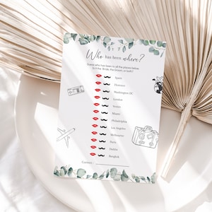 May include: A printable game card with the title "Who has been where?" and a list of cities, including Spain, Florence, Washington DC, London, Venice, Miami, Philadelphia, Los Angeles, Melbourne, Paris, Dublin, and Bangkok. The game asks players to guess who has been to each city, the bride, the groom, or both.