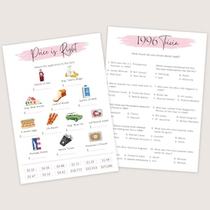Może przedstawiać: Dwa arkusze do druku: "Price is Right" i "1996 Trivia". Gra "Price is Right" zawiera ilustracje przedmiot&oacute;w, takich jak galon benzyny i nowy dom, z cenami. Arkusz "1996 Trivia" zawiera pytania wielokrotnego wyboru dotyczące 1996 roku.