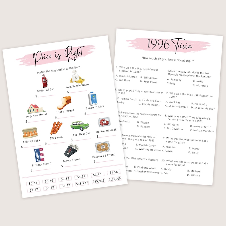 Może przedstawiać: Dwa arkusze do druku: "Price is Right" i "1996 Trivia". Gra "Price is Right" zawiera ilustracje przedmiot&oacute;w, takich jak galon benzyny i nowy dom, z cenami. Arkusz "1996 Trivia" zawiera pytania wielokrotnego wyboru dotyczące 1996 roku.