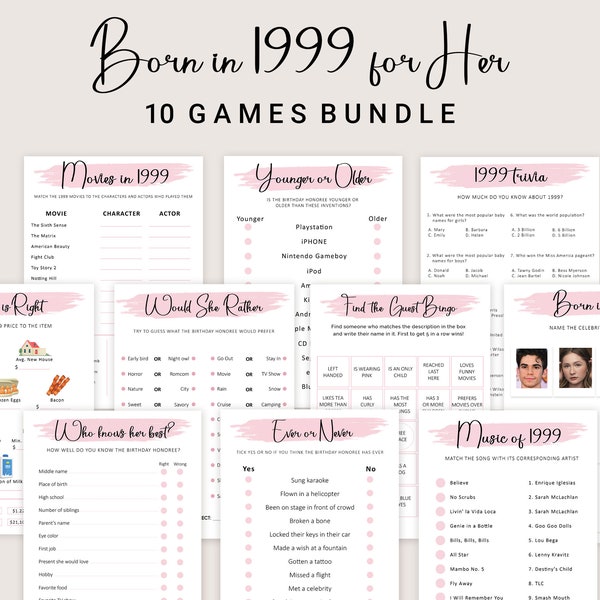 25th Birthday Games for Women 25th Birthday Party Games for Her Born in 1999 Game 1999 Trivia Quiz Activity Bundle Instant Digital PRINTABLE