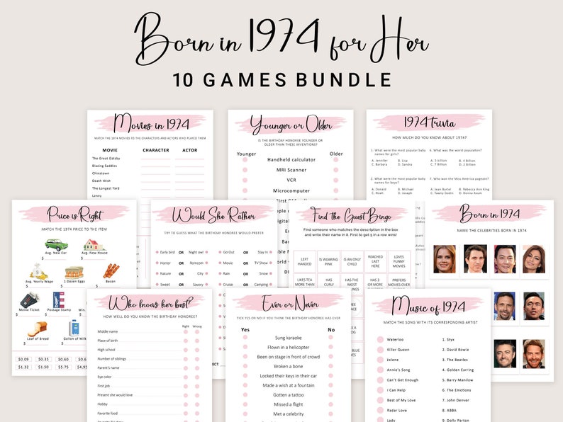 50th Birthday Games for Women 50th Birthday Party Games for Her Born in 1974 Game 1974 Trivia Quiz Activity Bundle Instant Digital PRINTABLE image 1