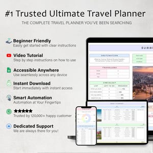 May include: A digital travel planner displayed on a tablet, laptop, and smartphone. The planner features a checklist, itinerary, and destination details. Text includes "#1 Trusted Ultimate Travel Planner" and "Beginner Friendly."