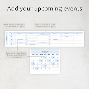 May include: A digital planner with a blue and white color scheme. The planner includes a calendar and a weekly layout for organizing events and tasks. Text on the image reads "Add your upcoming events."
