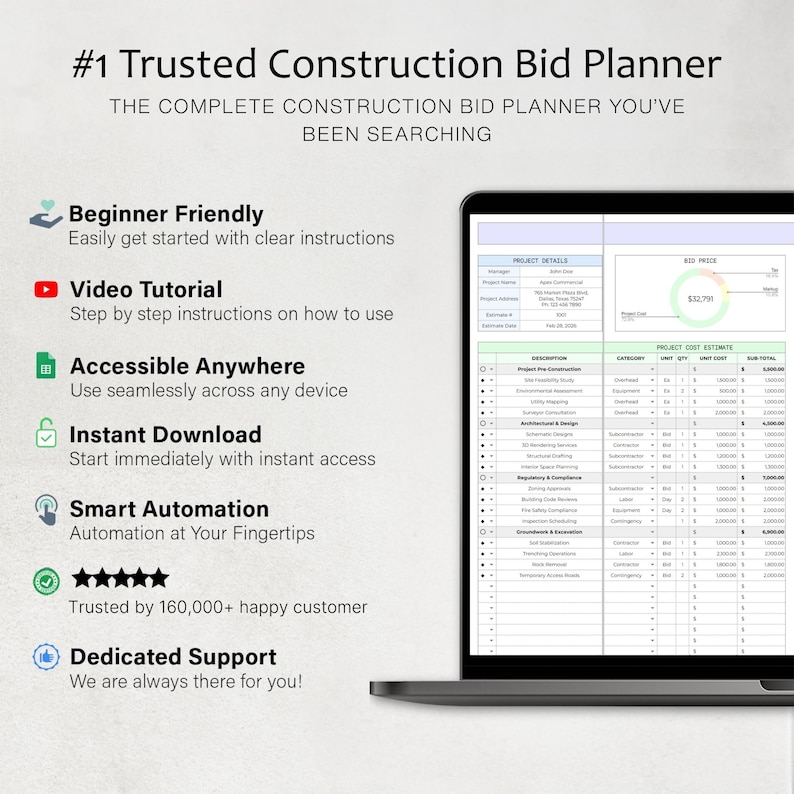 Construction Bid Planner Estimate Template Bidding Template Building ...
