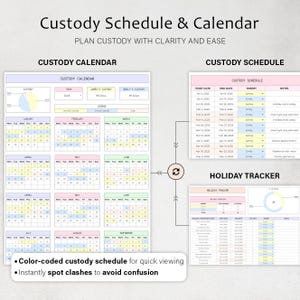 May include: A custody schedule and calendar with the text "Custody Schedule & Calendar". The calendar includes a color-coded custody schedule for quick viewing and to instantly spot clashes to avoid confusion. The calendar includes the year 2025.