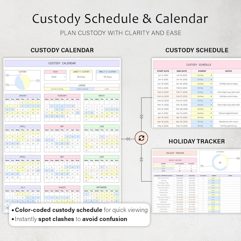 May include: A custody schedule and calendar with the text "Custody Schedule & Calendar". The calendar includes a color-coded custody schedule for quick viewing and to instantly spot clashes to avoid confusion. The calendar includes the year 2025.